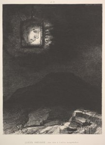 Niewyraźny blask głowy zawieszonej w przestrzeni, 1891. autorstwa Odilon Redon