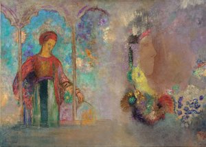 Kobieta w gotyckiej arkadzie - Kobieta z kwiatami - Peinture de Odilon Redon(1840-1916) autorstwa Odilon Redon