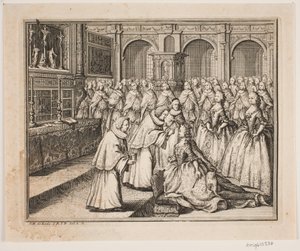 Biskup Hersleb namaszcza królową Luizę w kościele pałacowym Frederiksborg. Ilustracja do aktu namaszczenia Fryderyka d. IV autorstwa Odvardt Helmoldt de Lode