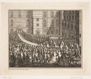 Król Fryderyk V w procesji na ceremonię namaszczenia w kościele Pałacu Frederiksborg. Ilustracja do aktu namaszczenia Fryderyka d. IV autorstwa Odvardt Helmoldt de Lode