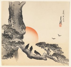 Wrony na pniu, okres Meiji, ok. 1890-1910 (kolorowy drzeworyt)