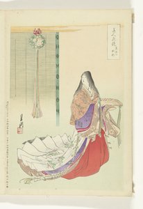 Heian dama dworu Porównania Piękności i Kwiatów (tytuł serii) Bijin hana kurabe (tytuł serii na obiekcie) autorstwa Ogata Gekko