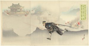 Onoguchi, de dood trotserend, om de poort van het vijandelijke fort op te blazen. (tytuł na obiekcie) autorstwa Ogata Gekko