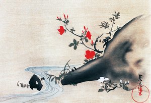 Azalia i strumyk, kakemonos (zawieszone zwoje) malowane na jedwabiu przez Korina Ogatę (1658-1716), okres Edo (1603-1868), Japonia autorstwa Ogata Korin