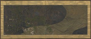 Bieżąca woda, jesienne trawy i kwiaty, okres Edo, koniec XVII-początek XVIII wieku. autorstwa Ogata Korin