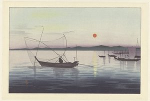 Łodzie i zachodzące słońce. autorstwa Ohara Koson