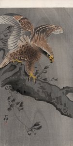 Orzeł z rozpostartymi skrzydłami na pniu (kolorowy drzeworyt) autorstwa Ohara Koson