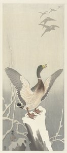 Kaczka na ośnieżonym pniu drzewa autorstwa Ohara Koson
