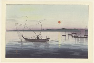 Łodzie rybackie o zachodzie słońca autorstwa Ohara Koson
