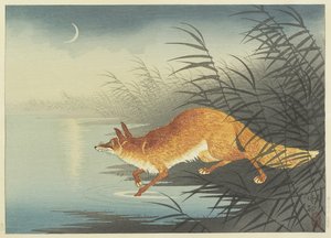 Fox by the Moonlit Water, lata 30. (kolorowy drzeworyt)