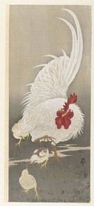 Kogut i trzy pisklęta autorstwa Ohara Koson