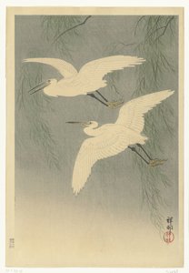 Małe czaple w locie autorstwa Ohara Koson