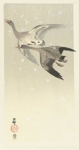 Gęsi białoczelne latające na śniegu autorstwa Ohara Koson