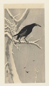 Wrona na gałęzi drzewa śnieżnego. autorstwa Ohara Koson