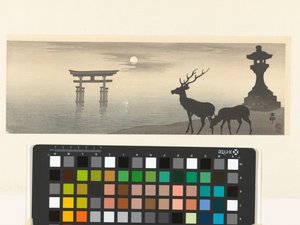 Krajobraz z torii i jeleniem autorstwa Ohara Koson