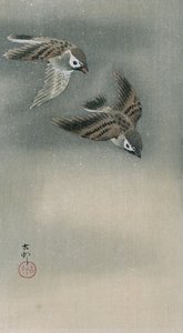 Wróble w locie (kolorowy drzeworyt) autorstwa Ohara Koson
