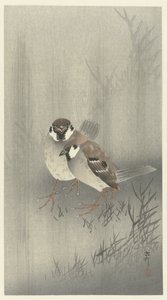 Dwa wróble pierścieniowe w deszczu autorstwa Ohara Koson