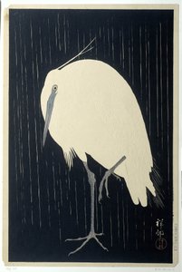 Czapla w deszczu autorstwa Ohara Koson