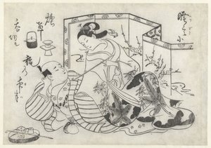 Japoński mężczyzna i kobieta palący przed składanym ekranem autorstwa Okumura Masanobu (attributed to)