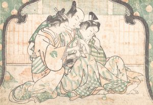 Młody mężczyzna siedzący między dwiema kobietami, ca. 1749 r., ok. 1749 r. 1749. autorstwa Okumura Masanobu