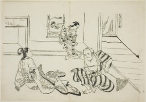 Dziecko Attendant i Łysy Tengu z Góry Kurama (Kaburo Kurama Tengu), nr. 7 z serii 12 grafik przedstawiających parodie sztuk autorstwa Okumura Masanobu