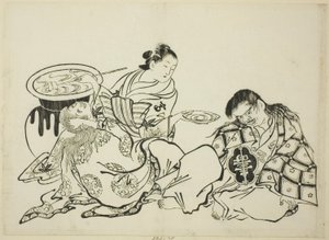 Kurtyzana Plying Shojo z Sake, nr. 4 z serii 12 odbitek autorstwa Okumura Masanobu