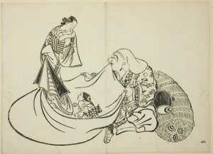 Daikoku ujawniający zawartość torby Hotei, nr 2 z serii 12 grafik autorstwa Okumura Masanobu