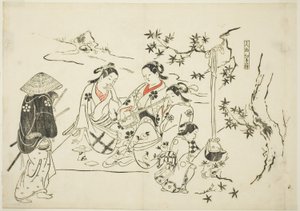Heating Sake with Maple Leaves (Kanzake momijigari), nr 9 z serii 12 grafik przedstawiających parodie sztuk teatralnych. autorstwa Okumura Masanobu