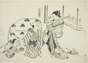 Kotatsu Dojoji, nie. 5 z serii 12 grafik przedstawiających parodie sztuk autorstwa Okumura Masanobu