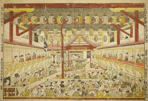 Duży perspektywiczny obraz występu Kaomise na scenie Kabuki autorstwa Okumura Masanobu