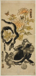 Lew i piwonie autorstwa Okumura Masanobu