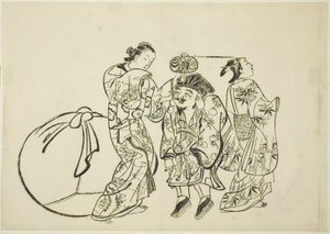 Mierzenie wzrostu Daikoku, nr. 5 z serii 12 odbitek autorstwa Okumura Masanobu