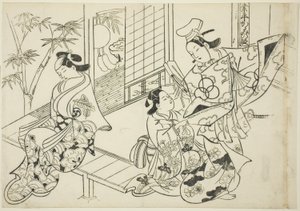 Narihira: Scena lustrzana (Narihira kagami no dan), z serii „Słynne sceny z japońskich sztuk lalkowych (Yamato irotake)” autorstwa Okumura Masanobu