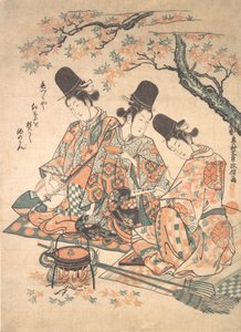 Parodia pałacowych sług rozpalających sake nad ogniem klonowych liści, ca. 1750 r., ok. 1750 r. 1750. autorstwa Okumura Masanobu