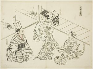Sanbaso Dance in a Brothel (Ageya sanbaso), nr 1 z serii 12 grafik przedstawiających parodie sztuk teatralnych autorstwa Okumura Masanobu