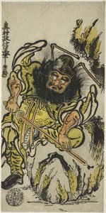 Shoki, Demoniczny Pogromca, ostrzący swój miecz, ok. 1725 (ręcznie kolorowy drzeworyt; hosoban, urushi-e) autorstwa Okumura Masanobu