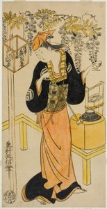 Aktor Sanogawa Mangiku I jako Ohatsu w sztuce „Sogazaki Shinju” wystawionej w Teatrze Nakamura w czwartym miesiącu 1719 autorstwa Okumura Masanobu