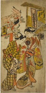 Aktorzy Sanjo Kantaro II jako Osome i Ichikawa Monnosuke jako Hisamatsu w sztuce „Osome Hisamatsu Tamoto no Shiro Shibori”, wystąpili w teatrze Morita, 1720 autorstwa Okumura Masanobu