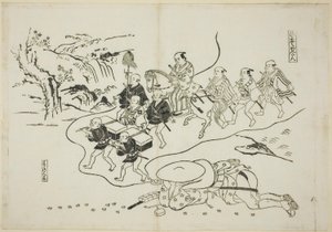 Kurier Kantan śniący o sobie jako daimyo (Hikyaku Kantan: yume no daimyo), nie. 8 z serii 12 grafik przedstawiających parodie sztuk autorstwa Okumura Masanobu