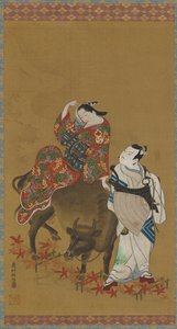 Dwóch aktorów kabuki w rolach kurtyzany na bawołach wodnych i podróżującego księdza, 1686-1764. autorstwa Okumura Masanobu