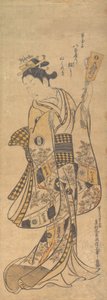 Yaoya O Shichi Stojący, trzymający list miłosny i Battledore, ok. godz. 1748., ok. 1748. 1748. autorstwa Okumura Masanobu