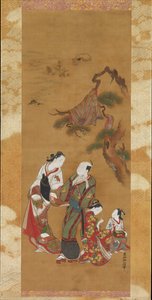 Yukihira i Dwie słone dziewczęta na Sumie, XVIII wiek. autorstwa Okumura Masanobu