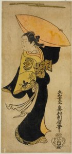 Aktor Fujimura Handayu II jako Nowake no Mae w sztuce „Tategami Teika Kazura” wystąpił w Teatrze Ichimura w jedenastym miesiącu 1719