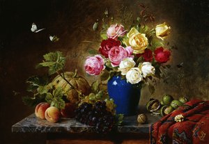 Róże w wazonie, brzoskwinie, orzechy i melon na marmurowej półce, 1891 autorstwa Olaf August Hermansen