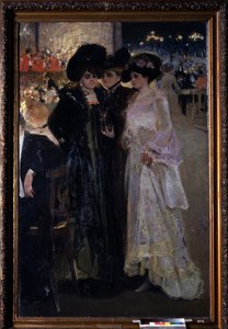Kawiarnia w Paryżu (Francja). (Kawiarnia w Paryżu). Scena nocna, trzy kobiety dyskutują pośród tłumu przy stole, w oddali orkiestra i uliczne latarnie miasta. Obraz Aleksandra Aleksandrowicza Muraszki (Aleksander Muraszko) (1875-1919), olej na płótnie autorstwa Oleksandr Murashko