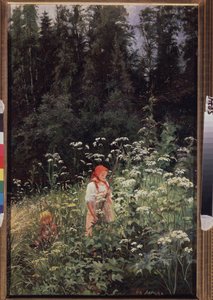 Dziewczyna przed kępką trawy (Dziewczyna przy kępce trawy). Obraz Olgi Antonovny Lagoda Shishkina (1850-1881), olej na płótnie autorstwa Olga Antonova Lagoda Shishkina