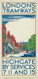 „Highgate by Services 7, 11 i 15”, plakat London County Council LCC Tramways, 1924 autorstwa Oliver Burridge