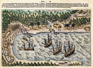 Widok holenderskiego statku w porcie, ok. 1598-1602 autorstwa Olivier van Noort