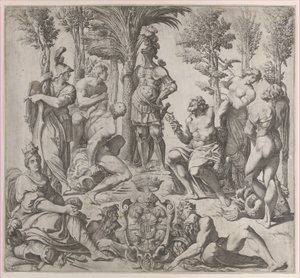 Kompozycja alegoryczna z sześcioma bogami olimpijskimi skupionymi wokół postaci w zbroi, 1615-35., 1615-35. autorstwa Oliviero Gatti