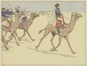 Przybywając do krainy faraonów, Napoleon jeździł wszędzie, a za nim podążała komisja uczonych i artystów, którzy nigdy nie jeździli na wielbłądzie, 1 lipca 1798 r. autorstwa Onfray de Breville Job